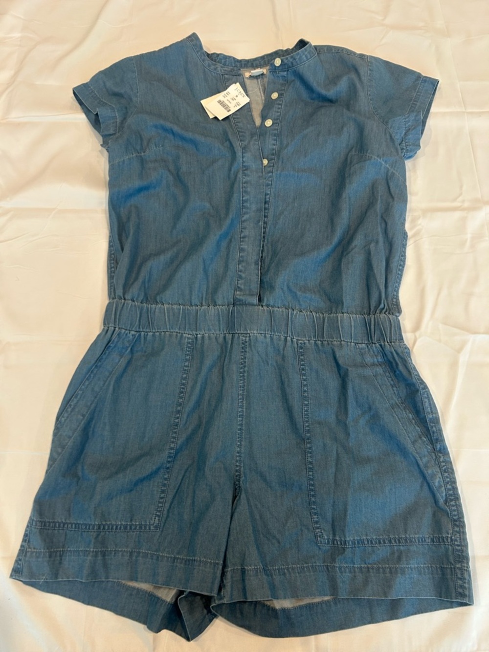 J. Crew Denim Chambray Short-Sleeve Romper in Blue